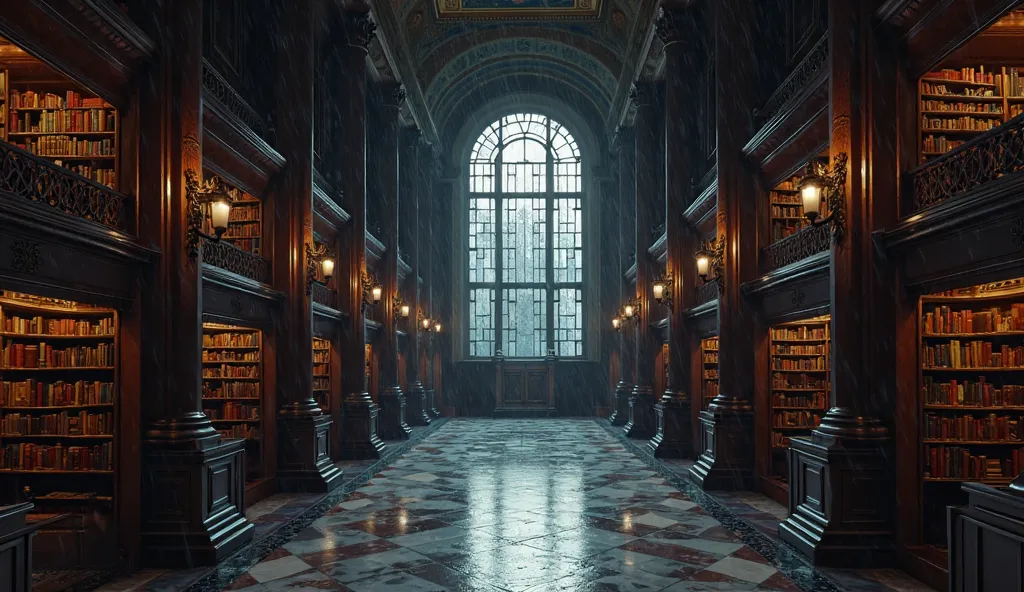 "Generate a 4K ultra-realistic digital illustration (1280x720px, 16:9) of the Austrian National Library’s Prunksaal interior at night, viewed from above near the Baroque dome with faint frescos (#FFD700, #4682B4). Below, tall wooden bookshelves (#4A2F1D, s...