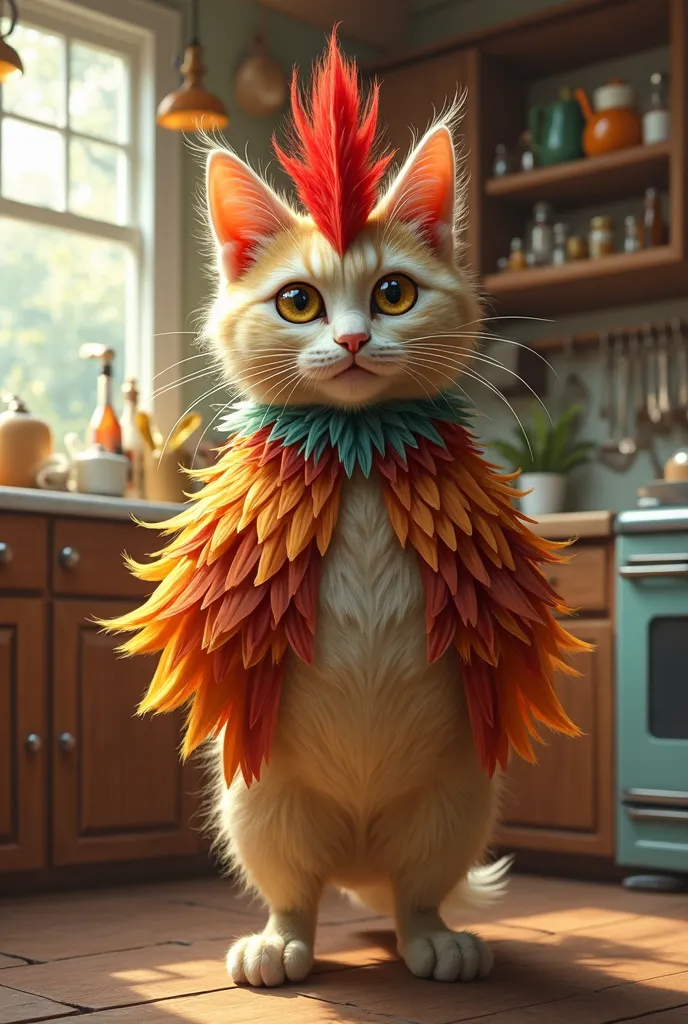 A cat cocking in kitchen in dress of a cock 