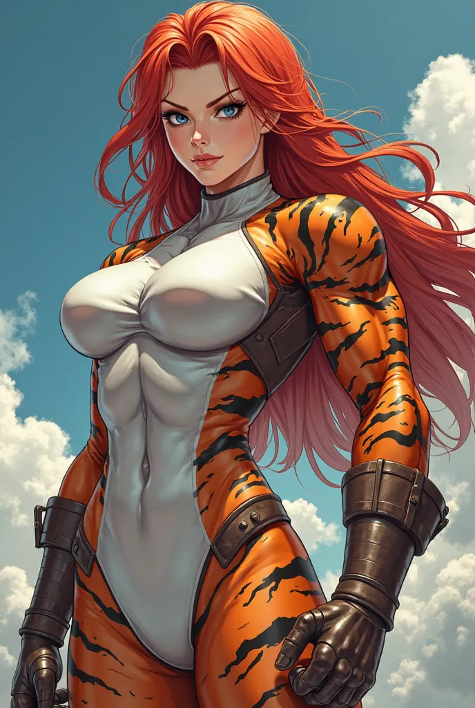 Create a heroine, of white teas, Redheaded Hair, with a large body build, muscular and with tiger powers and super strength in the style of the anime My Hero Academia 