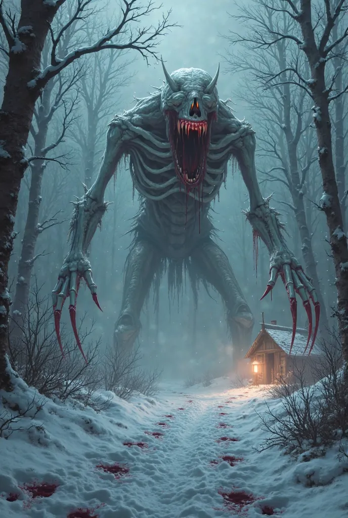 In the heart of a dense, snowy forest, shrouded in icy mist, a monstrous creature lurks among twisted trees. O Wendigo, a  and skeletal entity, rises with its pale skin stretched over sharp bones, as if eternally hungry. Your eyes shine in a ghostly red, d...