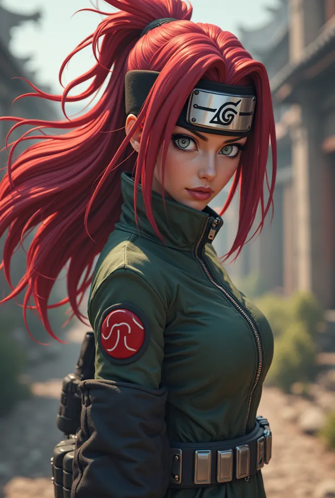 Make a character with the features of the anime “Naruto” with the clothes from the anime and the headband. Brown skin and long red hair.  gray eyes