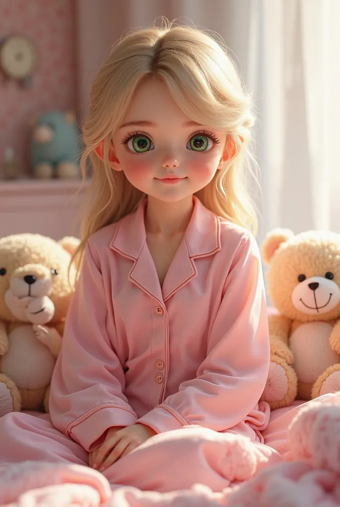 ( Better quality,4K,8k, highres icon, masterpiece :1.2), Ultra-detailed,(realistic,photorealistic,photo-realistic:1.37), pretty girl,  18 years old ,  cute pink transparent pajamas ,  teddy bears , pretty eyes green color ,  perfect body,  fair skin ,  blo...