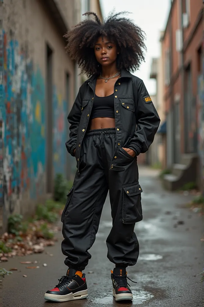 Hairy black girl in hip-hop style wearing black woody with Jordan 4