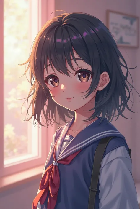 An anime student with medium-length black hair