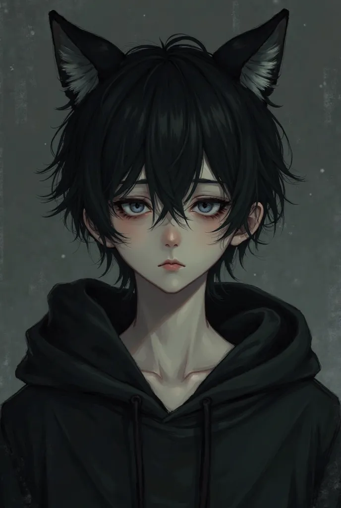 Lovely boy, black cat's ear hoodie, black hair, he has serious dark circles, looks very tired, pale skin and dark background.