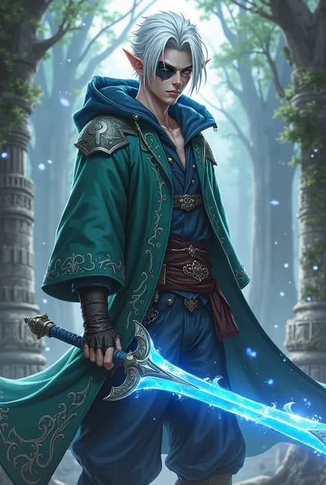 anime style,a style similar to solo leving. An elf, male,  with white hair and skin, with an eye patch, green and blue hoodie
And a bright blue sword in your hands