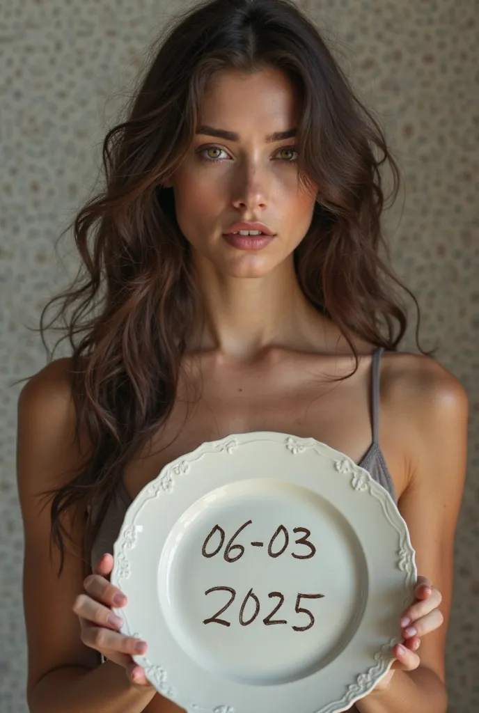 A NATURAL PHOTO OF A BRUNETTE WITH WAVY HAIR WEARING A, E ROUPAS SSEXYS, DRESS HOLDING A PLATE WITH THE FOLLOWING DATE 06-03-2025 MADE WITH PEN 