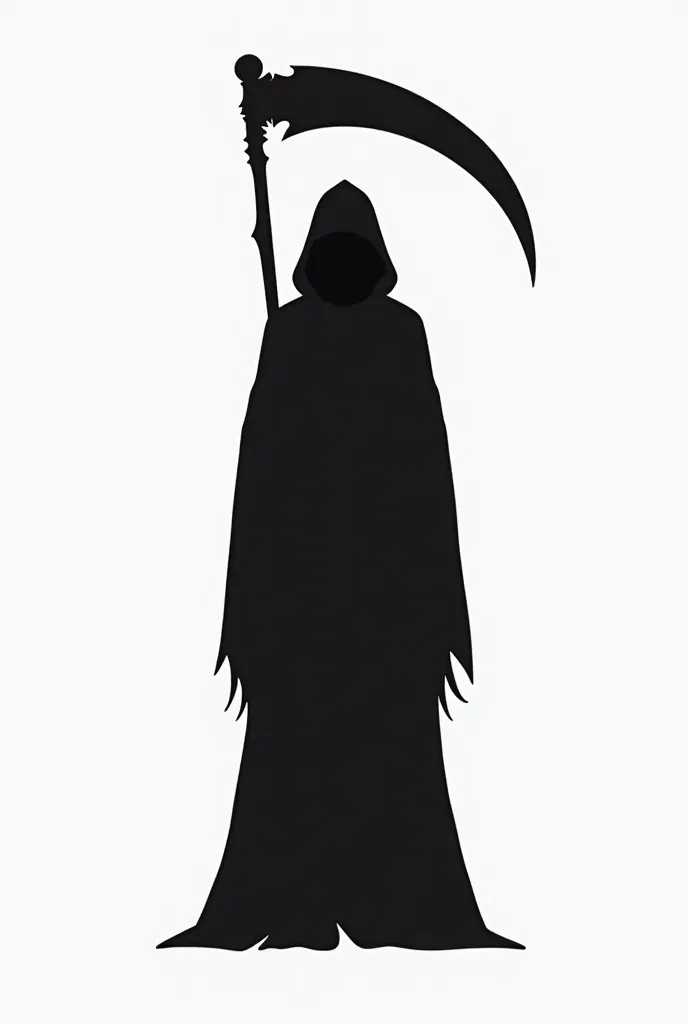 Ultra-minimalist black logo on white background, flat design, stylized silhouette of a hooded figure (Death) from waist up, holding a scythe, no visible skull, no facial features, no textures, no shading, clean sharp lines, geometric shapes, symmetrical, v...