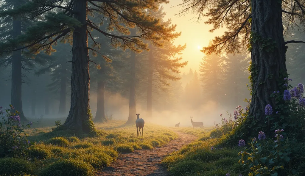 Create a captivating digital artwork of a misty forest bathed in golden light, crafted to captivate buyers. The scene is a dense woodland of towering pines, their dark green needles glistening with dew, shrouded in a soft, swirling mist that hugs the groun...