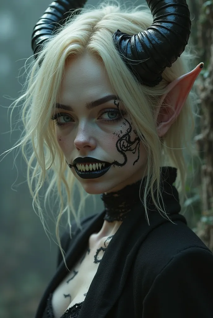 A blonde demon girl with black eyes, fangs, and black markings 