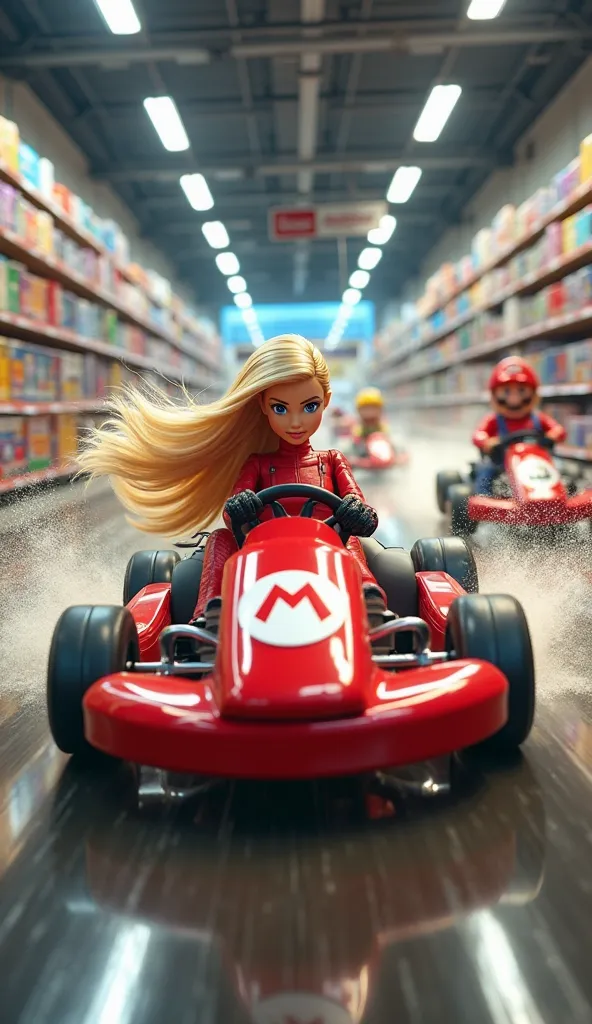 A hyper-realistic cinematic scene inside a massive gaming store, brightly lit with shelves stacked high with video games and merchandise. The perspective is dynamic, following an intense go-kart race inspired by Mario Kart happening inside the store.

At t...