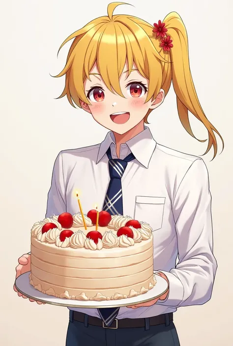 guy with hair tie to the right side yellow colour with red hair clips, white shirt long sleeves showing chest, dark blue necktie with white stripes, red eyes, smile at the camera while holding a huge cake say HAPPY BIRTHDAY in anime style