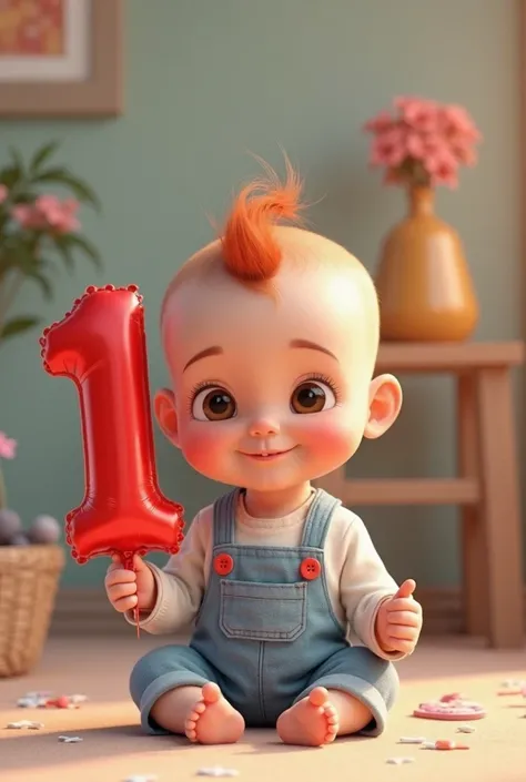 Create a Disney Pixar-style 3D poster of a baby boy,  White , sitting, with brown eyes, and little red hair,holding a number 1 balloon and wearing a linen jumpsuit with blue buttons