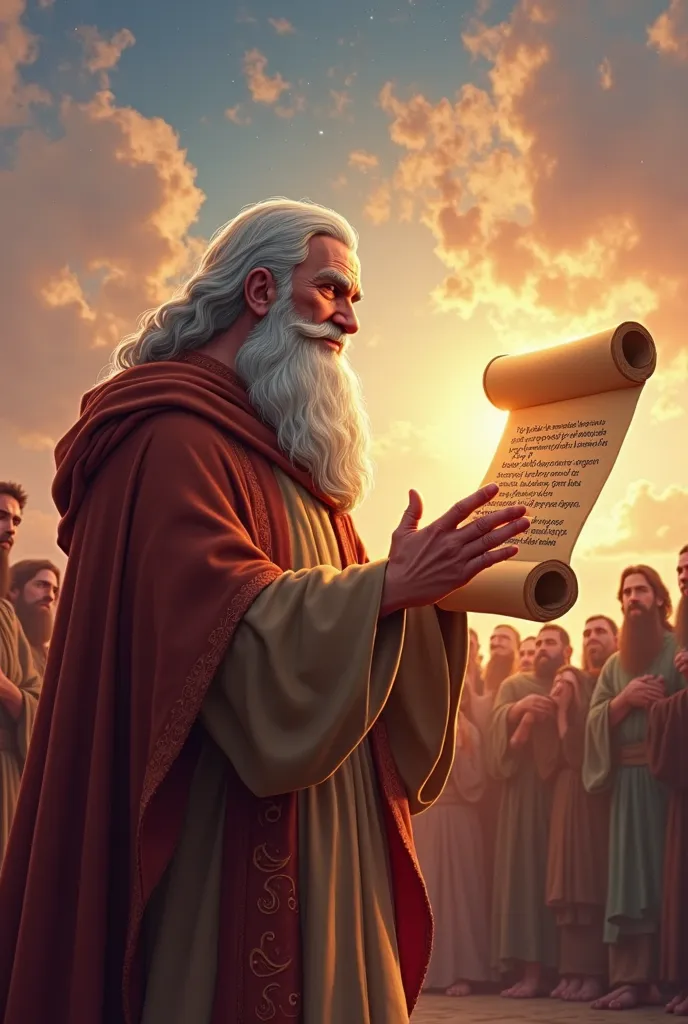 Prophets announcing God's promise
A prophet with long beards points to an open scroll with God's words, as the surrounding people listen with admiration to. The sky in the background shines slightly, as a divine sign. Disney/Pixar-style art