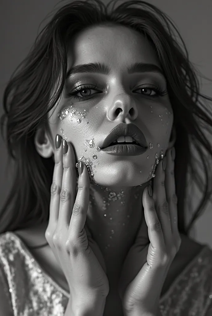 close up portrait of a beautiful woman tearing off the skin of her face, no blood, black and white