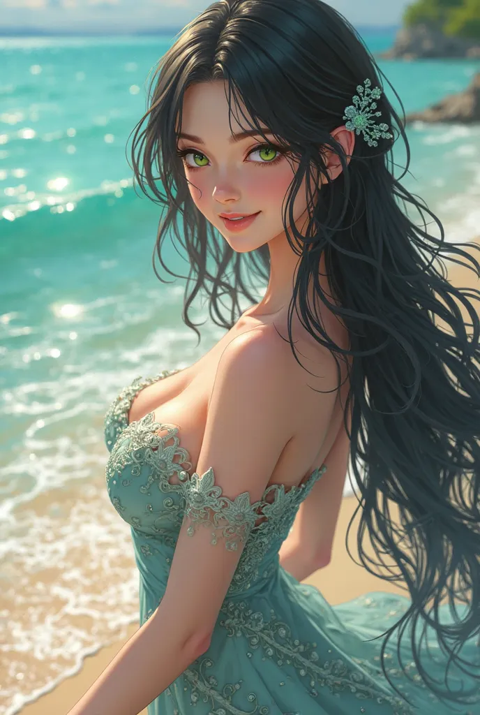 (anime) Woman with long black hair, green eyes, big breasts,  angelic smile. near the beach, with a dress that has marine motifs.
