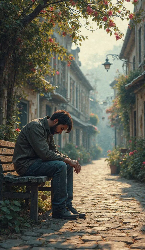 Beautiful street and a sad men sit on the bench