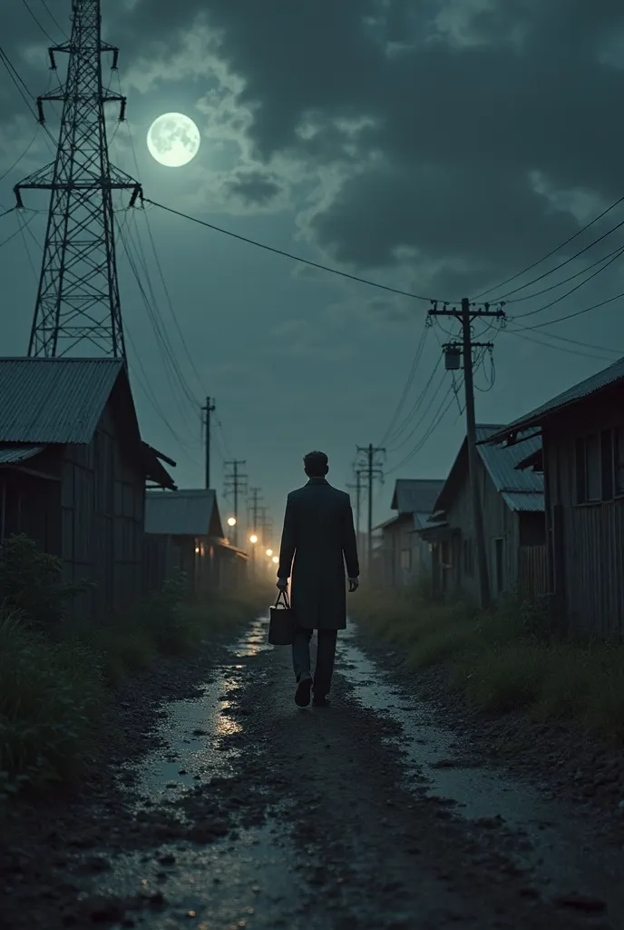  A dark, atmospheric night scene in a rural town with dirt roads and small houses with metal roofs. The sky is cloudy, and a full moon casts a dim glow. A towering electricity pylon and power lines stretch across the sky. A man, dressed in a long coat and ...