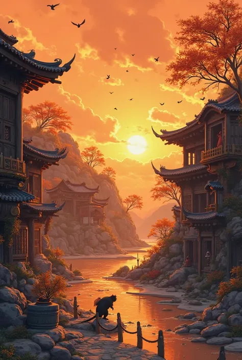 (masterpiece, top quality, best quality, official art, beautiful and aesthetic)1.2,(8k, best quality, masterpiece:1.2)+, reconstructed village, abandoned village, medieval, oriental, town, seaside, orange, amber color, anime, antropomorfic rats, 