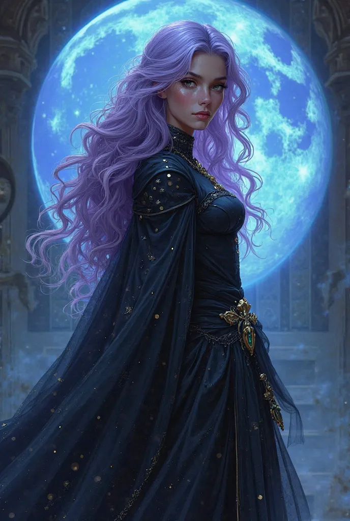 A character in the art style of the world of Storm RPG. Tanit, a half-genius of sharp curves and exotic presence, with long curly lilac hair that falls softly over her shoulders. Her skin carries a subtle glow, evoking her magical ancestry.

Tanit wears bl...