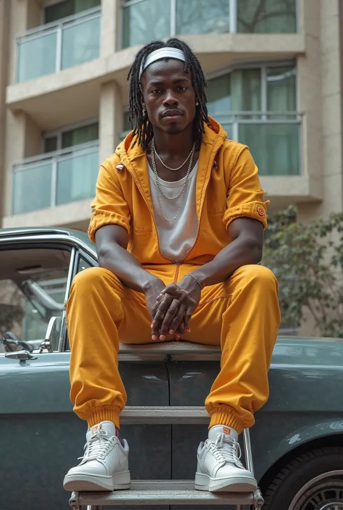 Image of a young black man in braid wearing a white headband on a Nike with a thin silver chain sitting on a ladder inside a condominium in front of a gray car