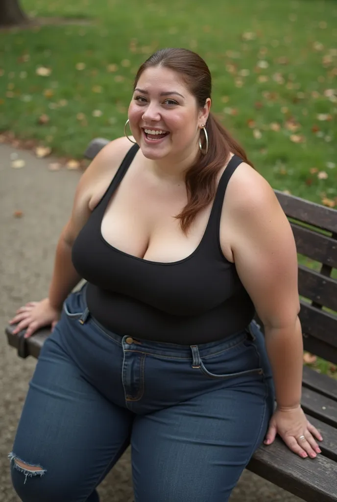 In a park, high angle view, a massive ass pawg voluptous plus sized 25-year old white student sitting on a bench, looking up at viewer, (eyes openned), light brown slickback ponytail, slight face wrinkles, hoop earings, realistic tongue, wide body, large s...