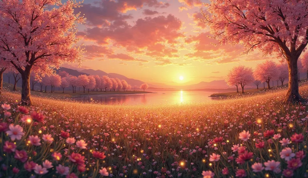 A breathtaking romantic digital painting set in the golden hour of evening. The sky glows with shades of deep orange, soft pink, and twilight purple as the sun sets on the horizon. A gentle breeze flows through a vast field of wildflowers, their petals ill...