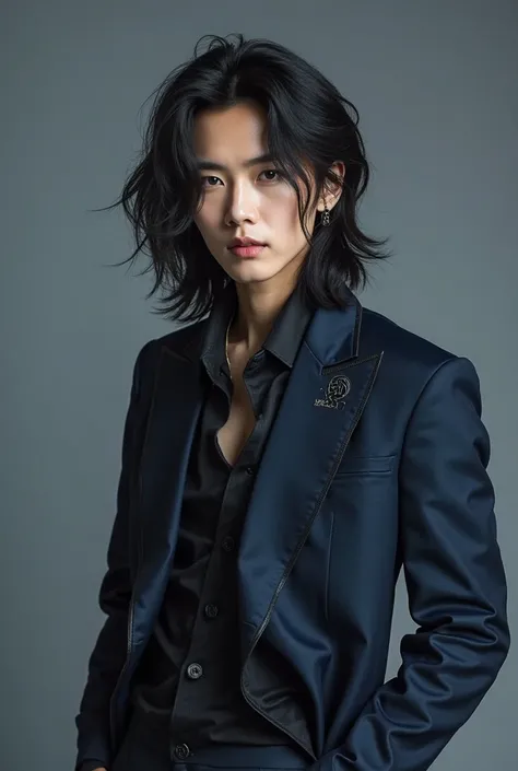 a korean kpop boy (black long hair) wearing a dark blue and black(kpop outfit), photoshoot with grey background, with sexy facial expression, posing