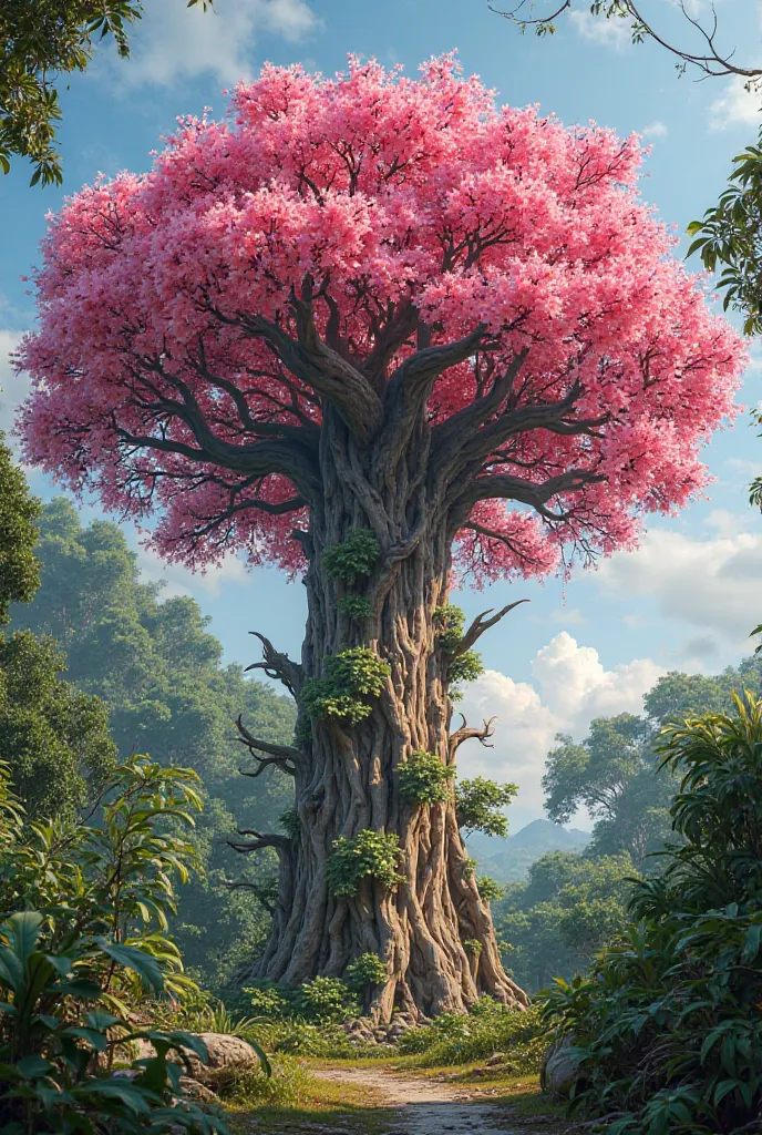 Ceiba speciosa with flowers and fat trunk
