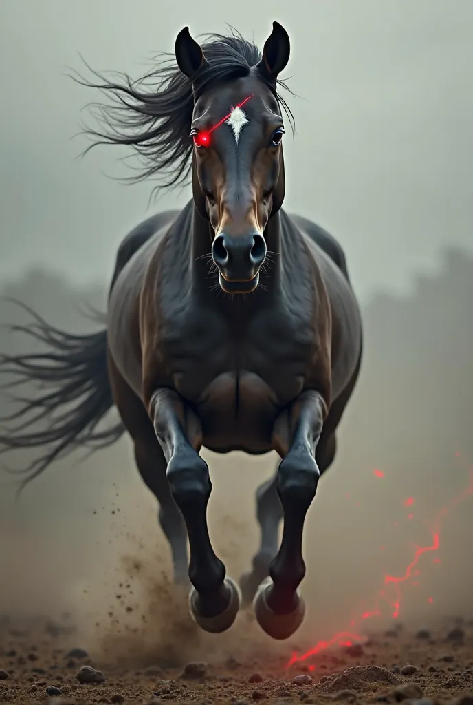 A horse with a sharp face, , They are running towards here.、Independent,Sharp eyes、Red light in left eye、Red light like thunder、