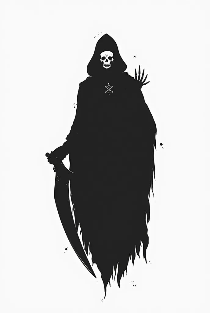 Ultra-minimalist black logo on white background, flat design, stylized silhouette of a hooded figure (Death) from waist up, holding a scythe, no visible skull, no facial features, no textures, no shading, clean sharp lines, geometric shapes, symmetrical, v...