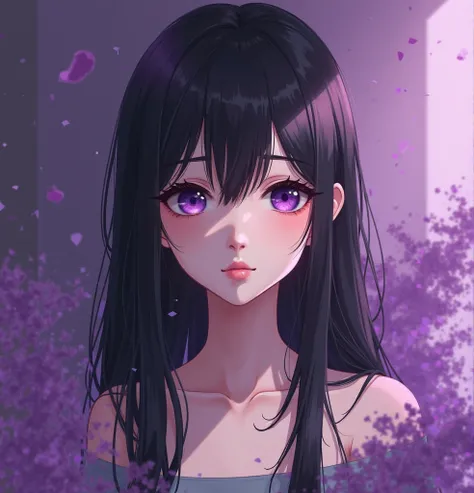 Generate an anime-fanart oil painting style image with the following features: An eighteen-year-old girl, with pale white skin, Wine purple eyes, black hair down to the waist, with a serious and clean expression with purple smoke around you.  A full body i...