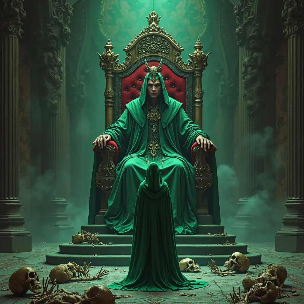 Imagine the dark queen sitting on her throne and imagine a man in green clothes in front of her Also, imagine few skeletons on the floor  