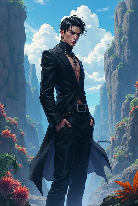 a totally serious young man dressed in very strong black on an anime-style island