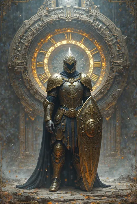  A warrior in shining armor , Shield and sword shining in front of a giant clock like a portal