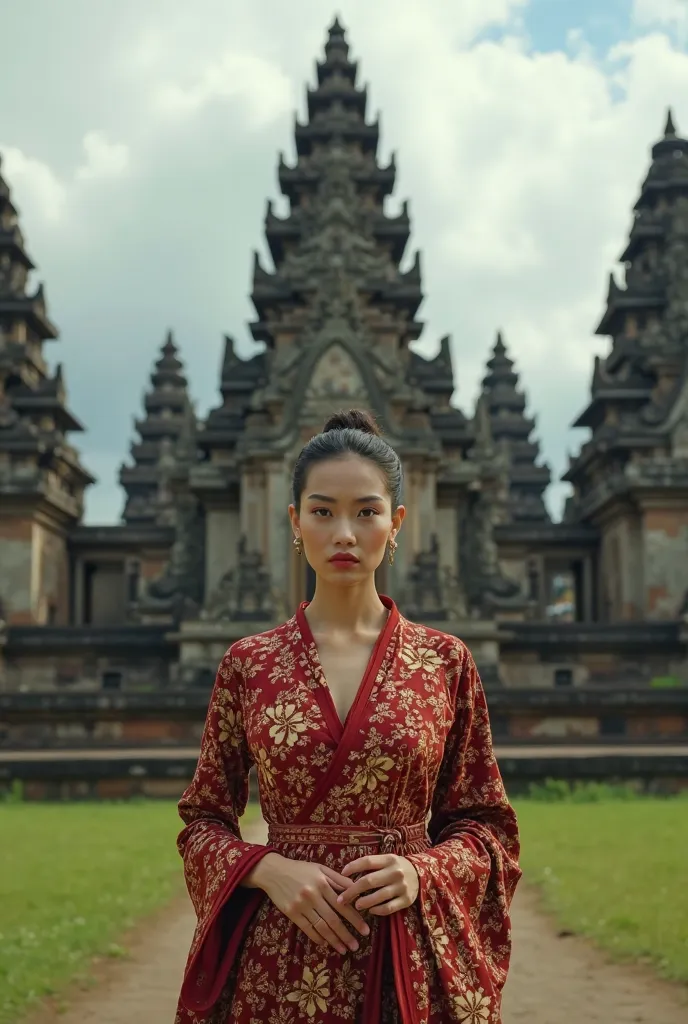 Indonesian beauty in indonesian traditional  clothes called Kebaya with Batik, standing in front of a Prambanan temple.
