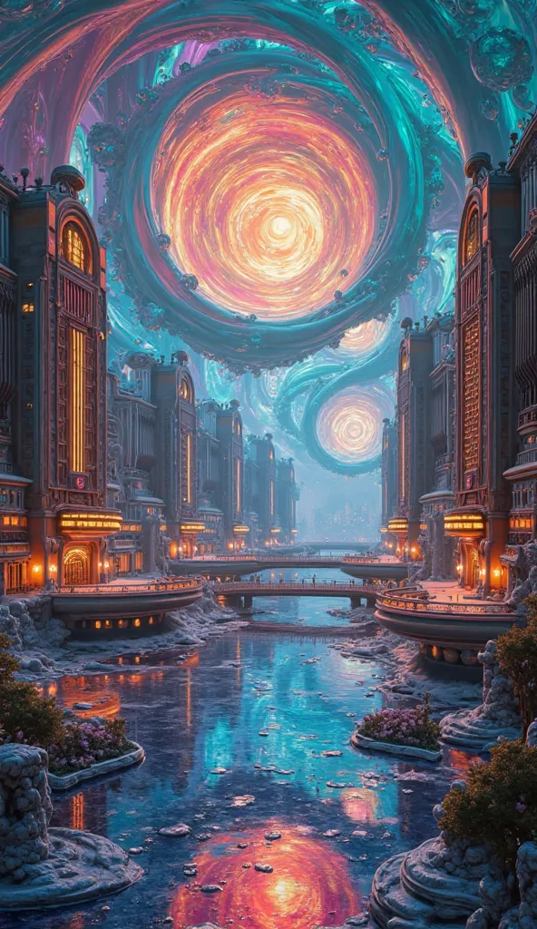 Enchanting abstract wonderland, swirling iridescent vortexes, opulent futurism, luxurious Art Deco ornamentation, intricate sci-fi detailing, futurist optimism, fantastical discovery, lavish textures, metallic sheens, shimmering neon-lit skyscrapers, reali...