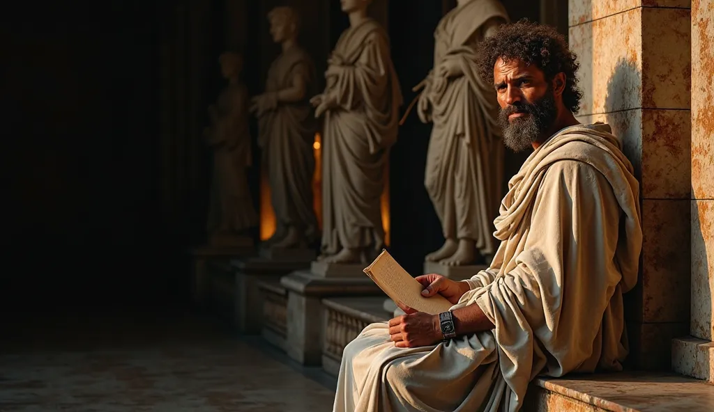 "A powerful and contemplative scene depicting a Stoic philosopher from Ancient Rome and Ancient Greece, sitting on a stone bench under a dimly lit colonnade. He wears a traditional Roman toga with Greek influences, featuring intricate folds and classical d...