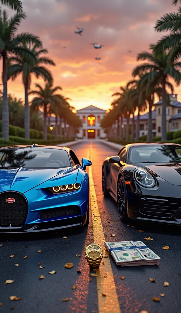 A perfectly paved asphalt road, surrounded by lush palm trees and luminous signs, leading to an imposing mansion illuminated in the background.
In the foreground, a metallic blue Bugatti Chiron and a matte black Porsche Panamera, parked side by side, refle...