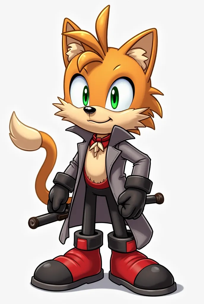 I want you to draw a cartoon in the style of Sonic Boom, He is a light brown haired cat that has a fringe divided in half,  Short hair up to her shoulders , has green eyes, Your hair is dyed blue, His muzzle and belly are beige, His belly has very hairy ha...