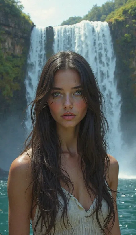 Real image of a brunette woman with long blond hair and light eyes on a waterfall 