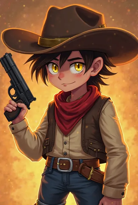 make me a 15-year-old character in Undertale style, that represents the soul of Juatica, using his cowboy hat and toy gun, and makes him have yellow eyes and brown hair, with an old-western style outfit