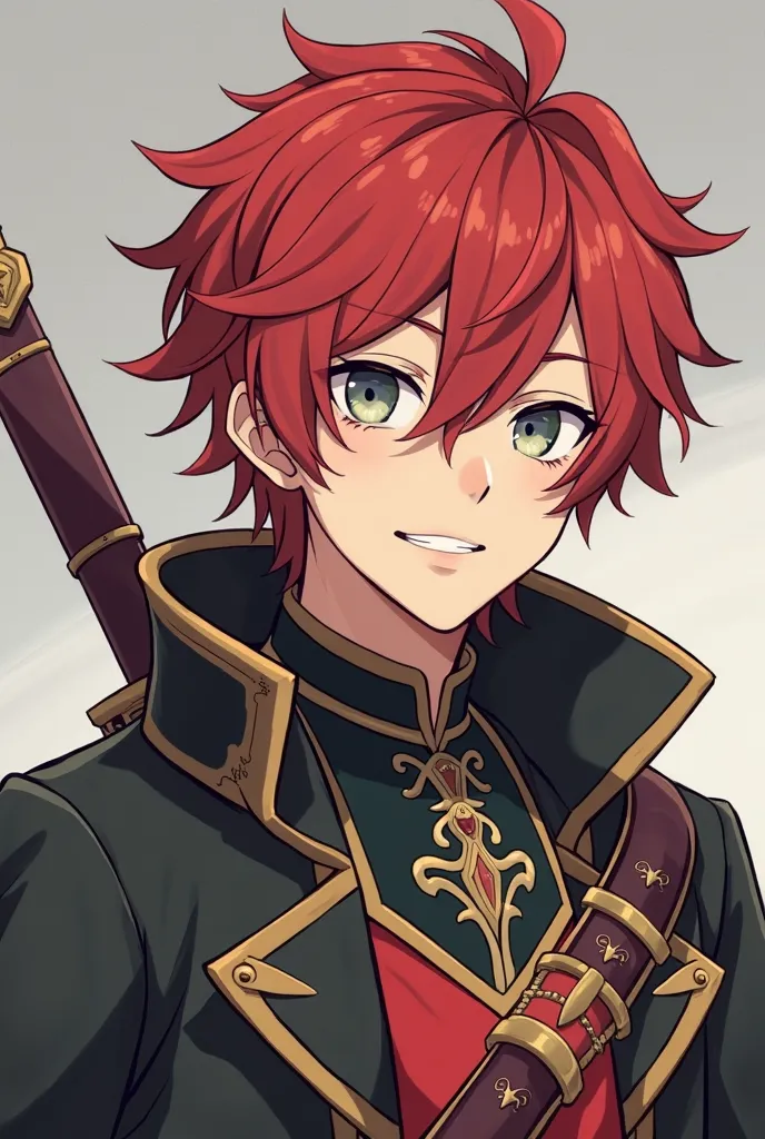 Create a character similar to Bennett from Genshin Impact. But my character has red hair and gray eyes. He is a male character and inventor from the middle ages. not very luxurious . anime style. He has a friendly and energetic personality 