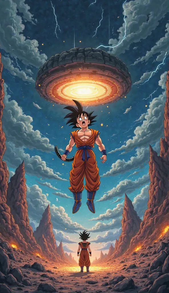 Create an ultra-detailed, emotionally charged anime-style scene in the exact art style of Akira Toriyama from Dragon Ball Z. The setting is a barren, destroyed alien landscape, with a dark, stormy sky filled with swirling clouds, lightning bolts, and a fai...