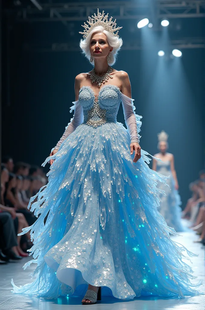 "An elegant elderly female model, over 65 years old, walking gracefully on a high-fashion runway. She is wearing a breathtaking avant-garde princess gown inspired by a pufferfish, designed with hyper-realistic blender rendering. The dress features an uncon...