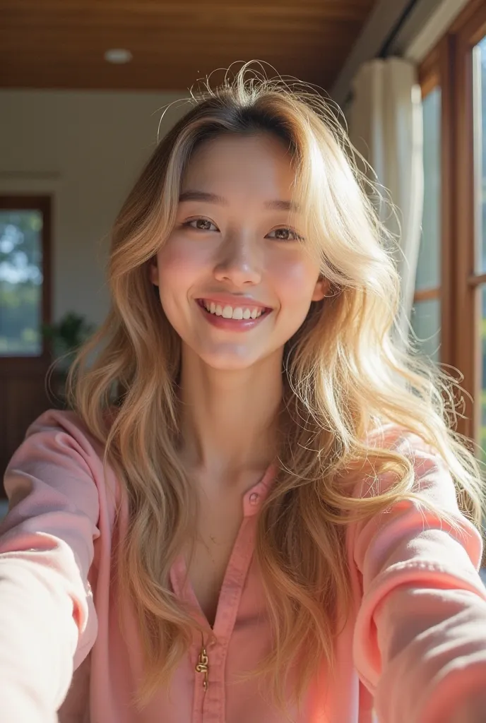 A beautiful and cute Korean girl with long wavy blonde hair wearing a pink blouse taking a selfie in her college