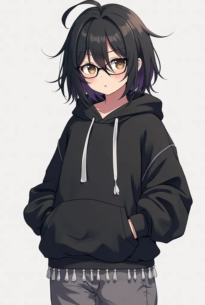 Take a full picture of an 18 year old girl, make her hair black and slightly disheveled, make her a little fat, wear a black hoodie, gray pants and white tassels, paint her anime style, and make her wear glasses