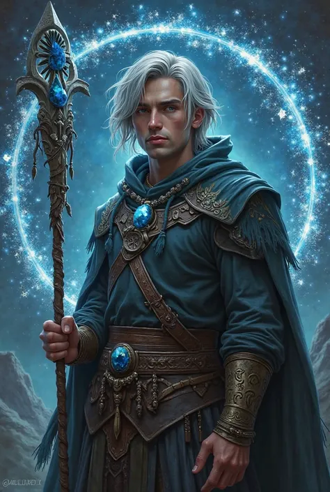 human morphological appearance, olive skin, silver hair,bob haircut, kilt clothes,leather armor, leather boots, magic staff, midnight blue crystal necklace,druid, circle of stars, young man