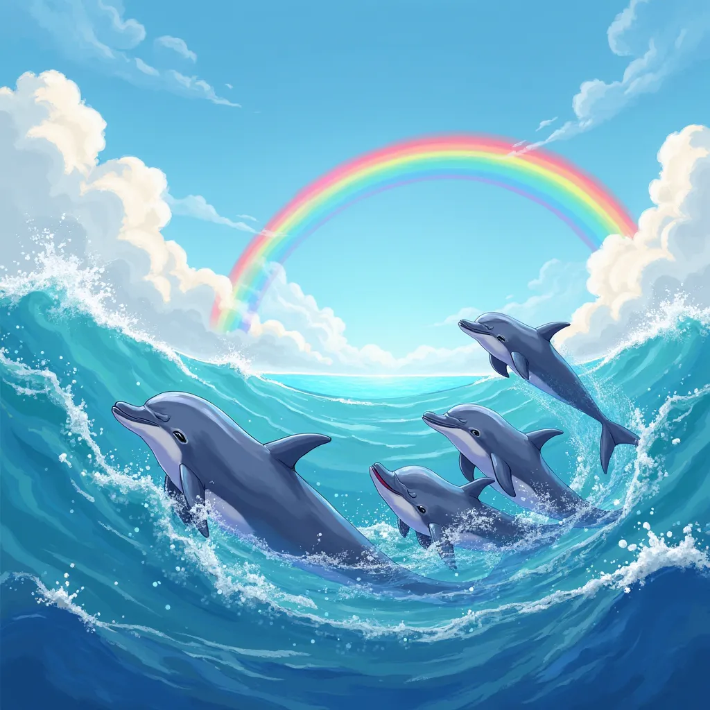 family of 4 dolphins playing in the middle of the sea with waves and rainbows in the background,  poster in vibrant colors