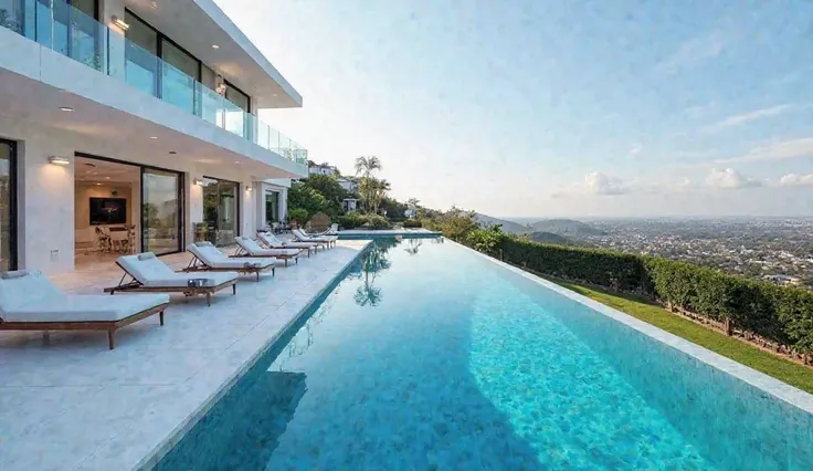 A stunning infinity-edge pool at a luxurious white mansion, surrounded by sleek white tiles and plush loungers. The water is crystal clear, and the area features soft ambient lighting. The pool area offers panoramic views of a perfectly landscaped garden a...